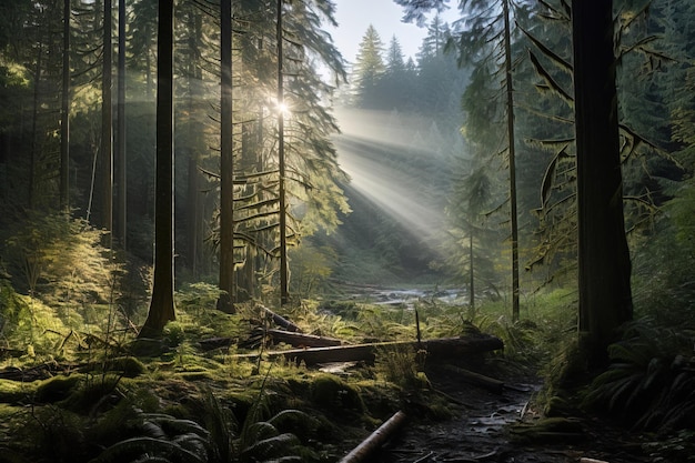 Des rayons de lumière à travers la forêt