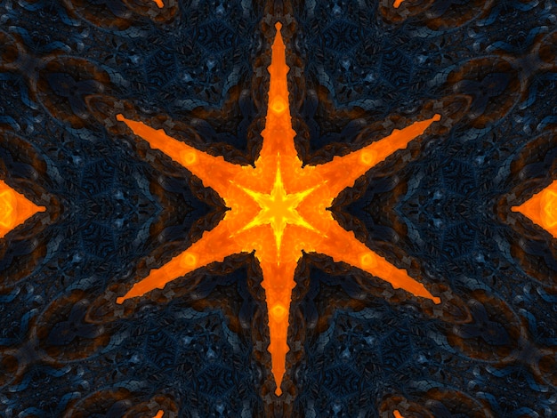 Rayons orange étoiles sur motif texturé rétro noir des années 70. Abstrait unique de kaléidoscope. Beau modèle sans couture de kaléidoscope. Texture transparente de kaléidoscope