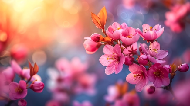 Rayons de rayons de soleil dorés du matin brillant à travers les branches des cerisiers roses sakura au printemps