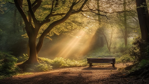 rayons de soleil sur un banc dans la forêt IA générative IA générée