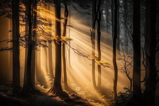 Rayons de soleil brillant à travers une forêt avec le soleil brillant à travers les arbres