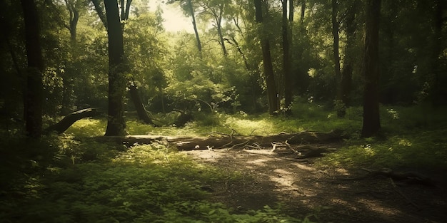 Rayons de soleil dans la forêt sombre Arbre forestier profond Matin dans une forêt colorée avec des rayons de soleil à travers les branches d'arbres Belle forêt avec divers arbres Generative AI