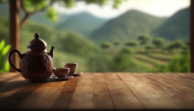 rayons de soleil sur fond de ferme de feuilles vertes avec affichage de produits de table en bois