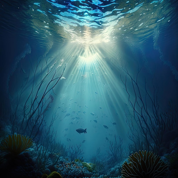 Rayons de soleil sous-marins Lumière du soleil en eau profonde sous les rayons de soleil de la mer Fond Illustration IA générative abstraite