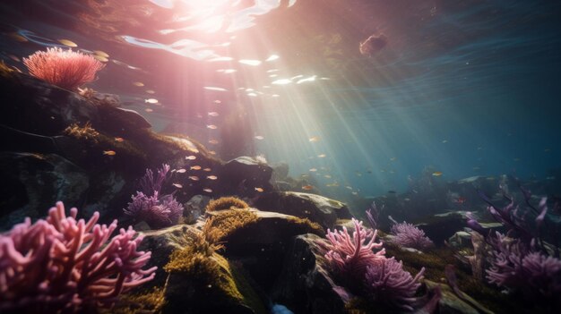 Rayons de soleil sous-marins à travers les récifs coralliens tropicaux de l'eau