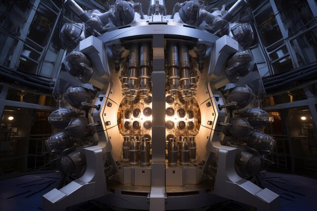 Réacteur nucléaire baigné de lumière naturelle diffuse depuis le haut IA générative