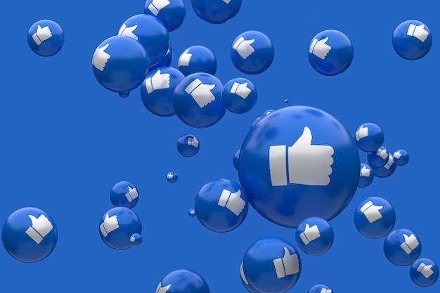 Réactions Facebook emoji rendu 3D Premium Photo, symbole de ballon de médias sociaux avec un motif d'icônes comme les pouces vers le haut