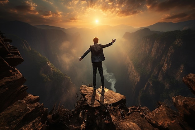 Réalisation des objectifs commerciaux illustrée par le saut de l'homme par-dessus le gouffre au lever du soleil