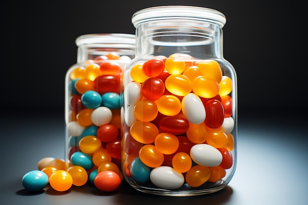 Réalisme abstrait rendu 3D de pilules sur une bouteille avec des juxtapositions astucieuses