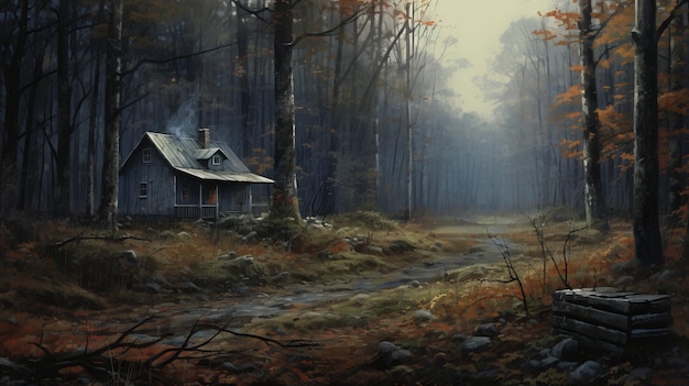 Photo realisme dystopique cabane dans les bois peinture avec des éléments à thème aérien