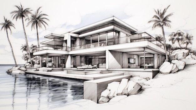 Le réalisme exotique dessine une maison moderne avec vue sur la mer