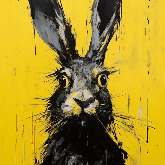 Photo réalisme expressionniste intense lièvre noir en colère sur mur jaune