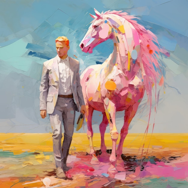 Realisme fantastique coloré Portrait abstrait d'un homme avec un cheval rose