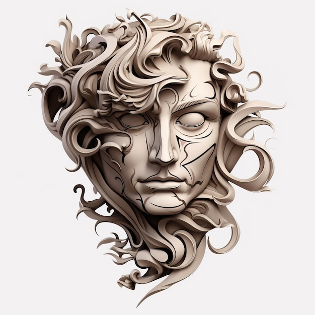 Photo réalisme mythologique à cheveux bouclés sculpture de tête en 3d doodle