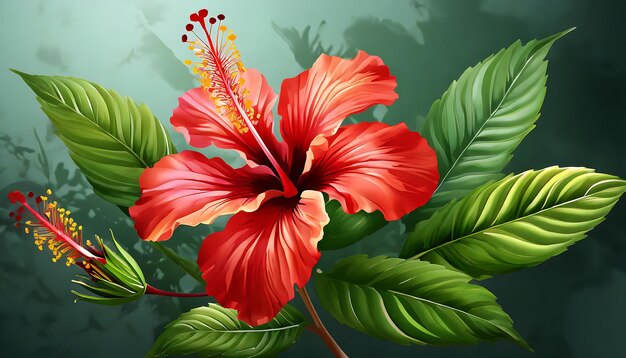 Réaliste belle fleur d'hibiscus plante tropicale exotique fleurs rouges vives et douces