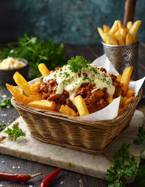 réaliste un panier tentant de frites au fromage au piment chargées surmontées de frites à la pomme de terre au piment