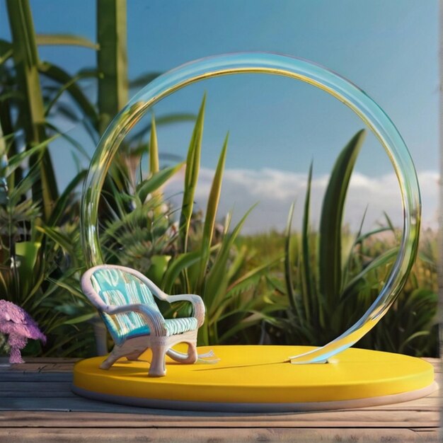 Photo realistic 3d rendering glass circle in the 3d illustration round summer ground summer background