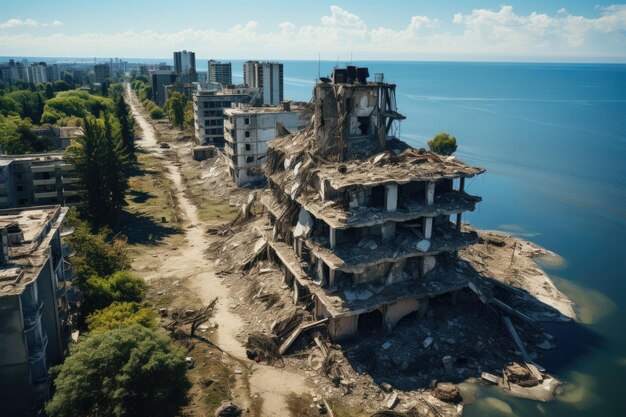 Photo réalité sombre des bâtiments bombardés dans le contexte de la guerre en ukraine fournissant un portrait sensible de l'impact du conflit sur les environnements urbains