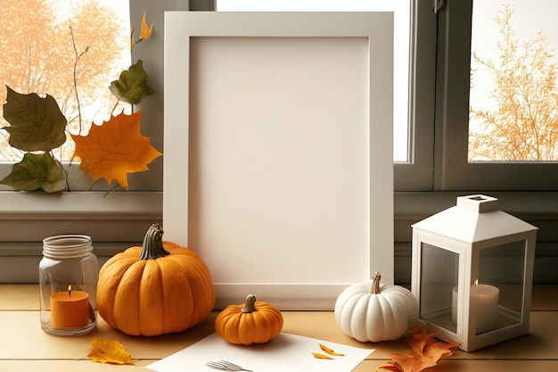 Sur le rebord de la fenêtre avec une nappe rouge en arrière-plan, une maquette d'un cadre photo blanc vide, un papier vide forme une citrouille orange, des bougies et des feuilles de chêne sont disposées