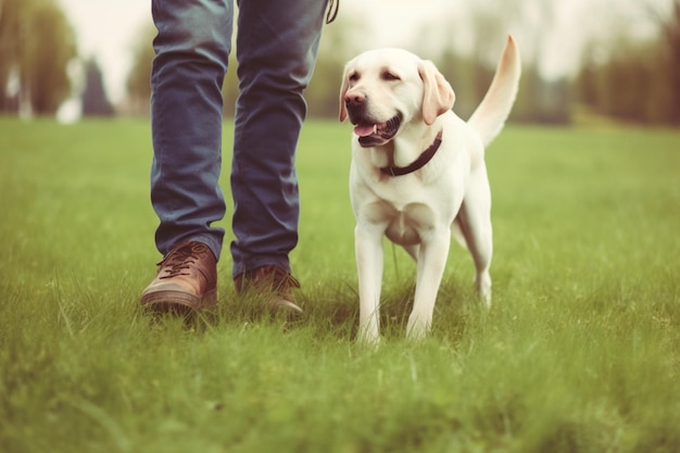 Recadrée beau jeune homme méconnaissable avec labrador à l'extérieur Homme sur une herbe verte avec chien