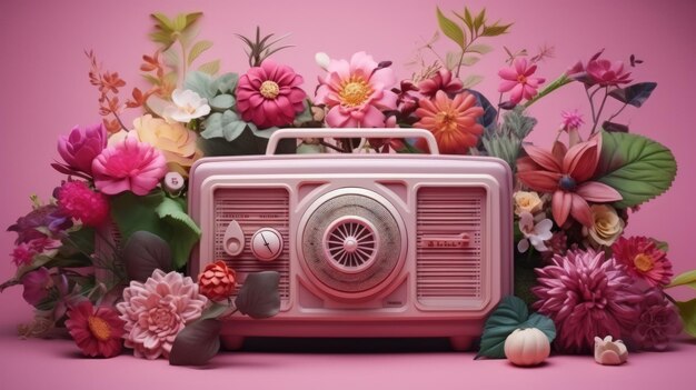 Photo récepteur radio de style rétro vintage avec des fleurs d'été et des feuilles vertes sur un fond rose