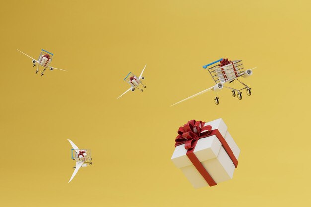 Photo réception des cadeaux par les destinataires chariots avec coffrets cadeaux volent sur les ailes des avions rendu 3d