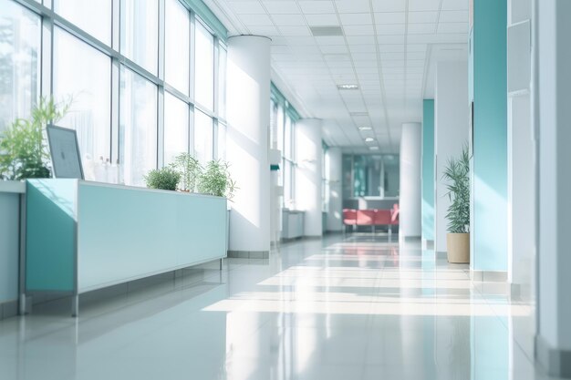 Réception de la clinique dans le couloir de l'hôpital avec de larges fenêtres