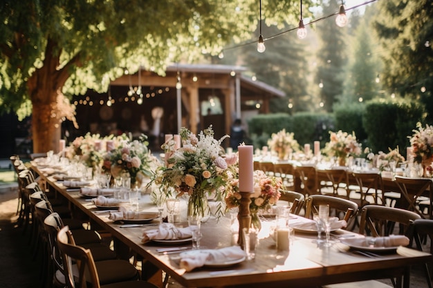 réception de mariage de domaine rustique décorée de tables et d'un décor dans le style de couleur terre