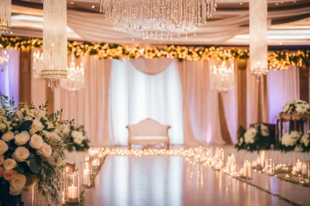 une réception de mariage avec un lustre et des fleurs sur le sol