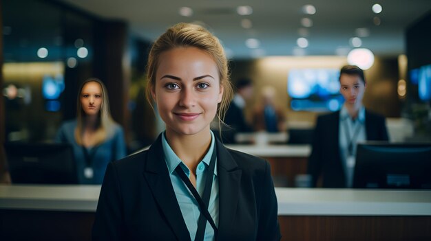 Photo une réceptionniste confiante à la réception un comportement accueillant une réceptionnista confiante une attitude accueillante