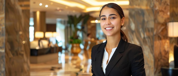 Une réceptionniste d'hôtel sympathique se tient avec un sourire confiant et accueillant dans une chambre d'hôtels de luxe