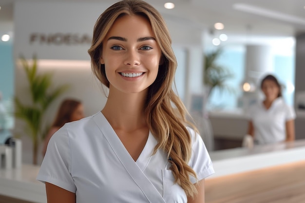 Réceptionniste joyeuse d'une clinique de beauté avec un sourire radieux dans un bureau blanc moderne