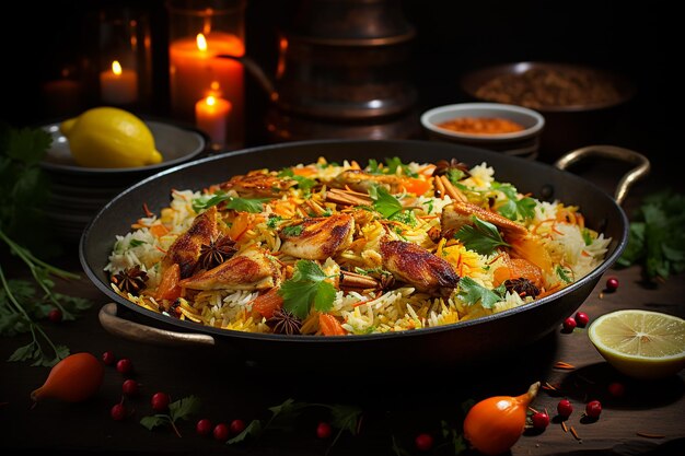 Recette arabe de fruits de mer épicés kabsa biryani avec des crevettes et des crevettes