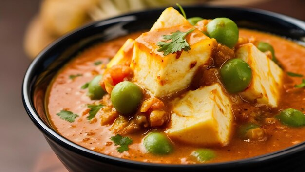 Photo recette de curry matar paneer faite à partir de fromage cottage avec des pois verts servis dans un bol