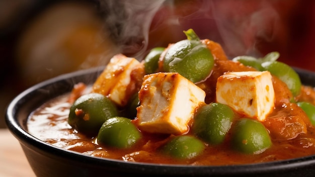 Photo recette de curry matar paneer faite à partir de fromage cottage avec des pois verts servis dans un bol