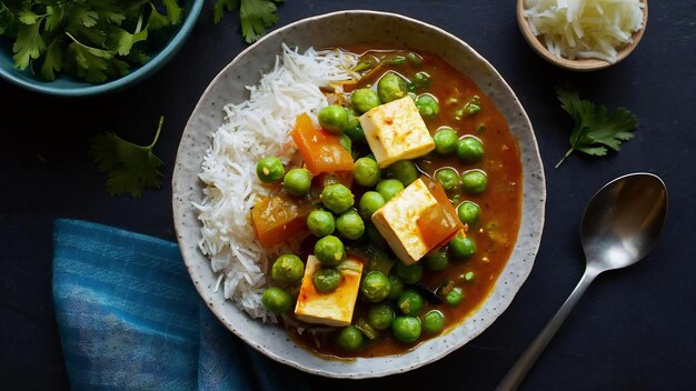 Photo recette de curry matar paneer faite à partir de fromage cottage avec des pois verts servis dans un bol