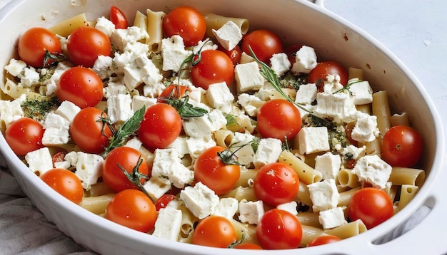 Recette de pâtes à cuire Feta à base de tomates cerises, de fromage feta, d'ail et d'herbes