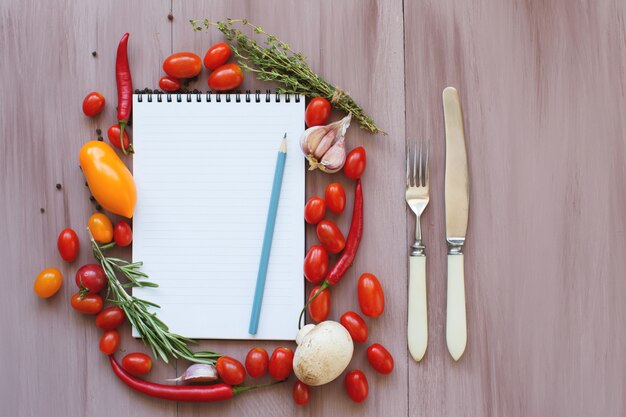 Recettes de blocs-notes sur une table en bois. Légumes frais.