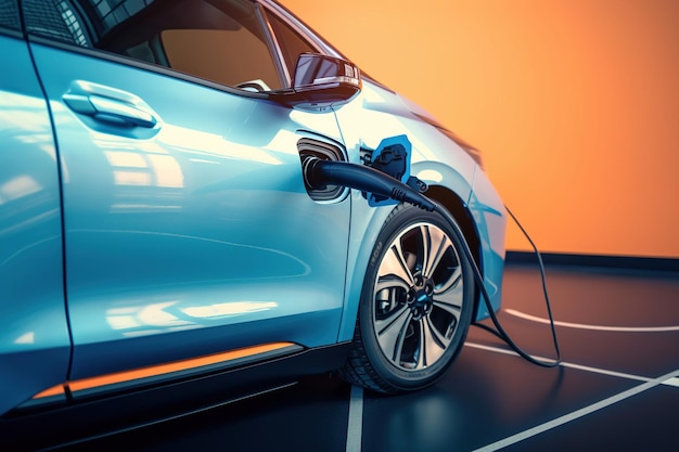 Recharge de voiture électrique bleue branchée sur le courant