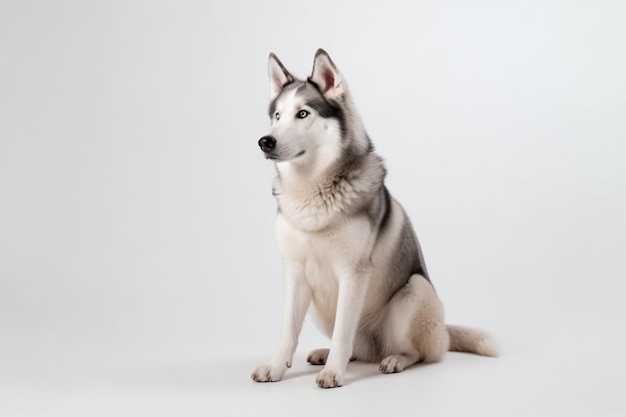 À la recherche d'un chien de compagnie husky pose mignon chien gris blanc ludique ou animal de compagnie jouant sur fond de studio blanc concept d'action de mouvement mouvement animaux de compagnie amour semble heureux ravi drôle