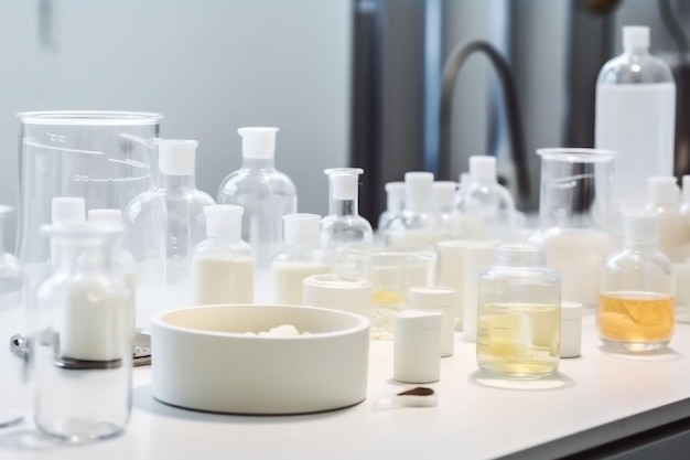 Recherche cosmétique bouteille soin produit médecine crème beauté laboratoire chimie IA générative