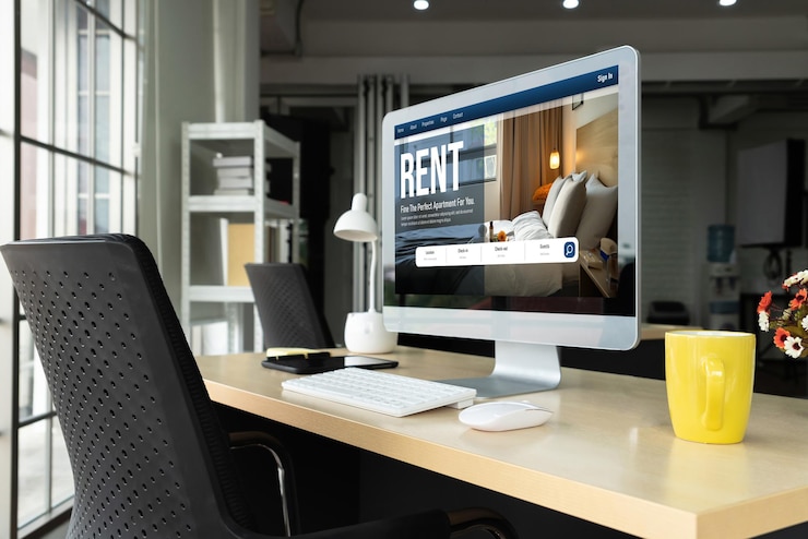 Photo recherche en ligne de locations immobilières sur l'ordinateur