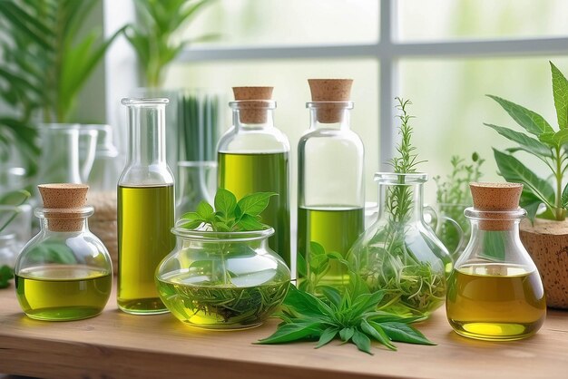 Recherche sur les médicaments naturels Extraction organique et scientifique naturelle dans les verres Médicine à base d'herbes vertes alternatives Produits de beauté naturels pour le soin de la peau Concept de laboratoire et de développement