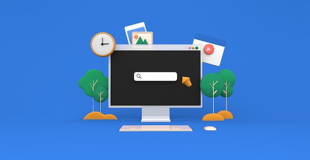 Recherche sur PC en ligne classe bureau vidéo jouer en ligne concept de gestion du temps rendu 3d illustration Image