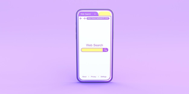 recherche sur le web par téléphone intelligent sur un fond violet rendu en 3D