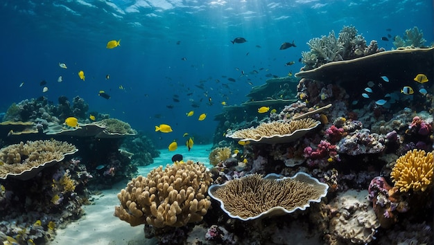 Un récif de corail avec beaucoup de poissons colorés qui nagent autour de lui un récif De corail avec de nombreux types de poissons