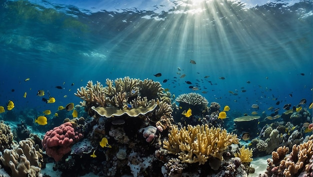 Un récif de corail avec beaucoup de poissons colorés qui nagent autour de lui un récif De corail avec de nombreux types de poissons