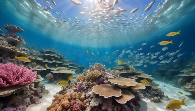 un récif de corail avec beaucoup de poissons tropicaux et un éclat de soleil du ciel