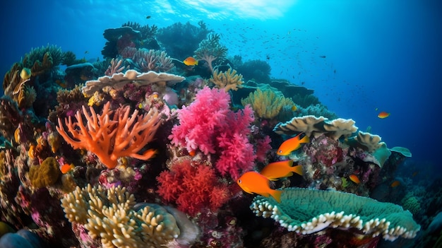 Un récif de corail coloré avec un poisson orange vif en arrière-plan.