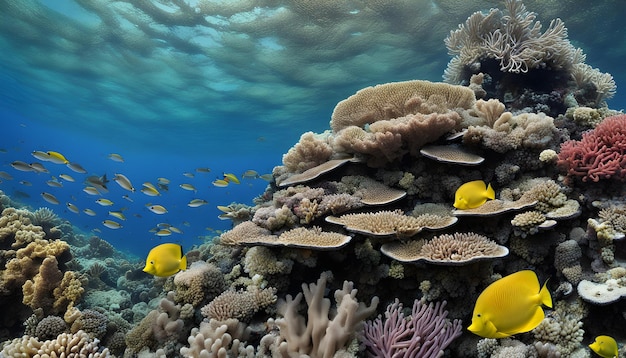 un récif corallien avec un banc de poissons et de coraux